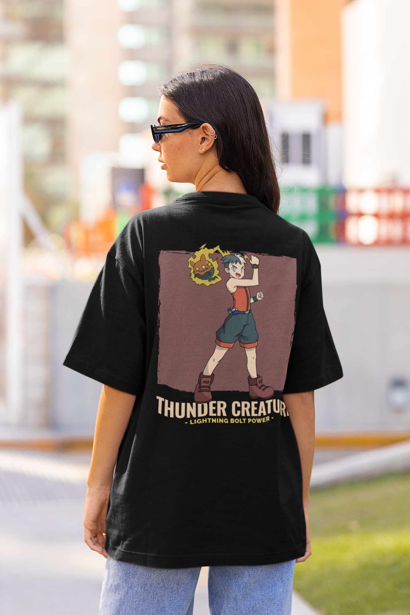 Thunder Creature Black Oversized Graphic Printed Tshirt