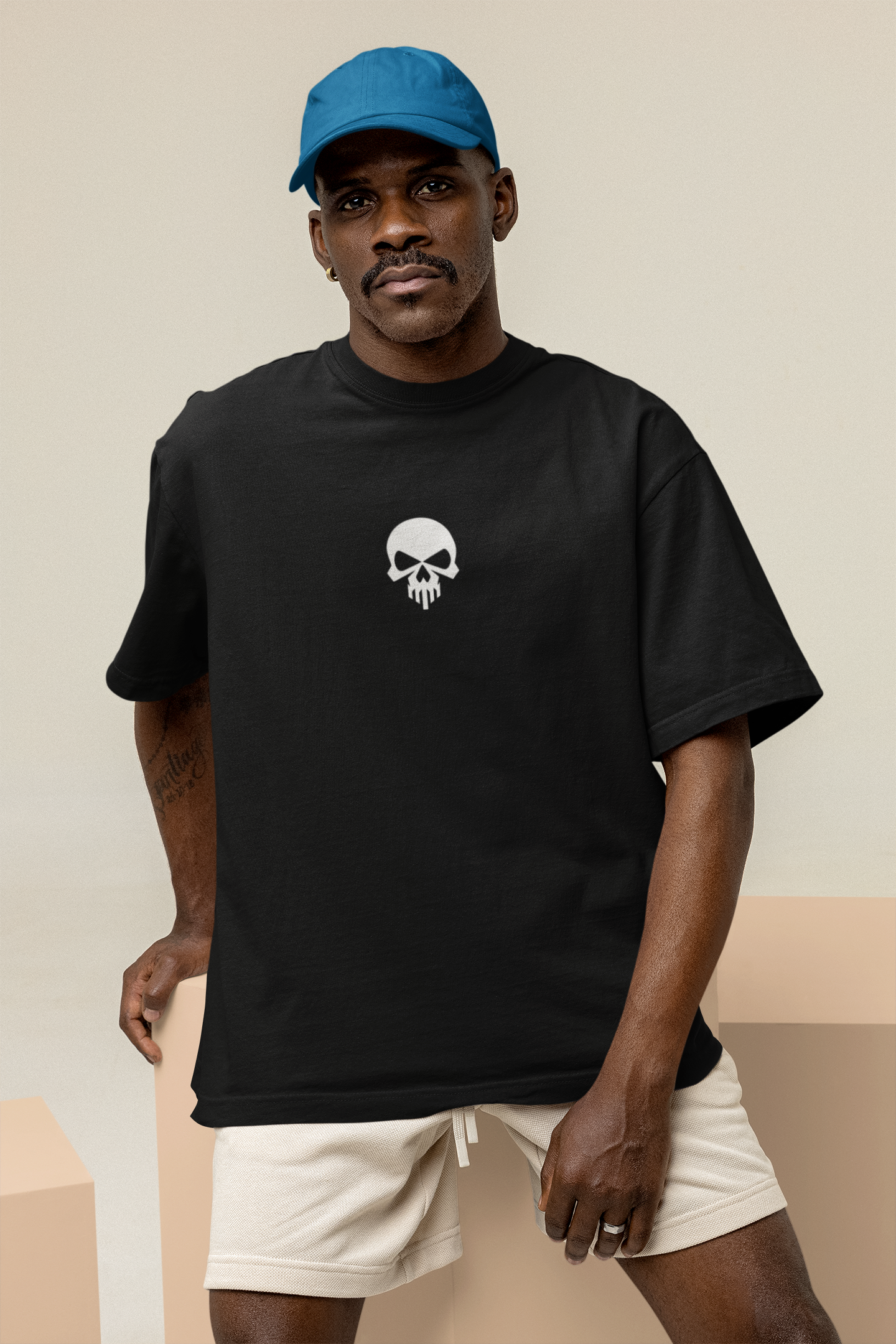 Skull & Roar Black Oversized Graphic Printed Tshirt