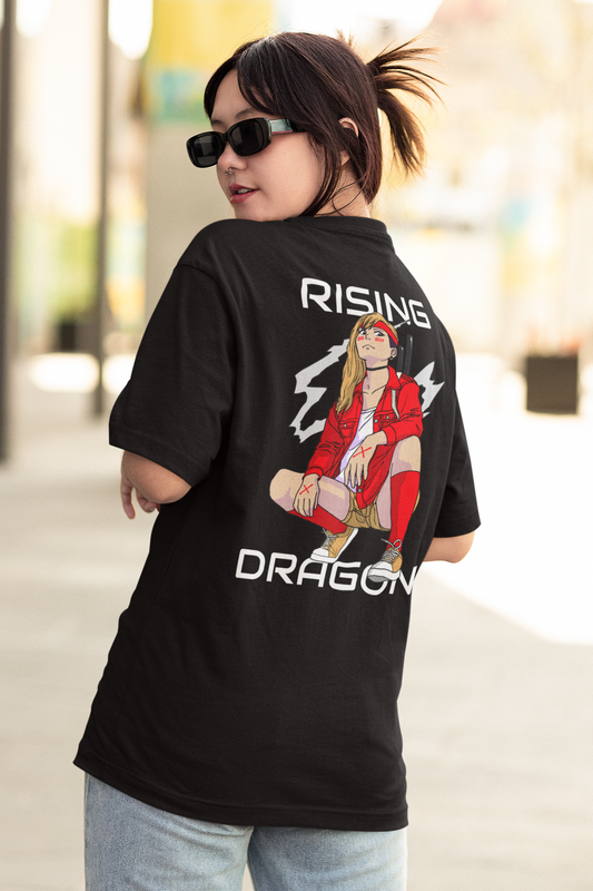 Rising Dragon Black Oversized Graphic Printed Girls Tshirt